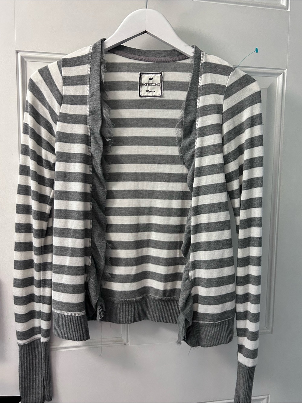 Poof! Gray & White Striped Ruffle-Trim Open Cardigan